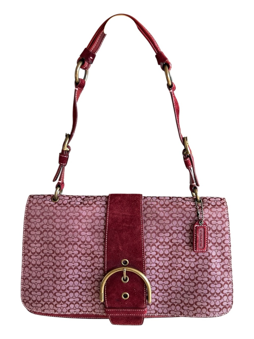 Vtg Coach Y2K Signature C Suede Flap Shoulder Bag Burgundy Berry Red C04Q-7076
